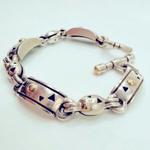 John Atencio 1990s Sterling Silver 18K Gold Link Heavy 55 gms Bracelet 7.7 in